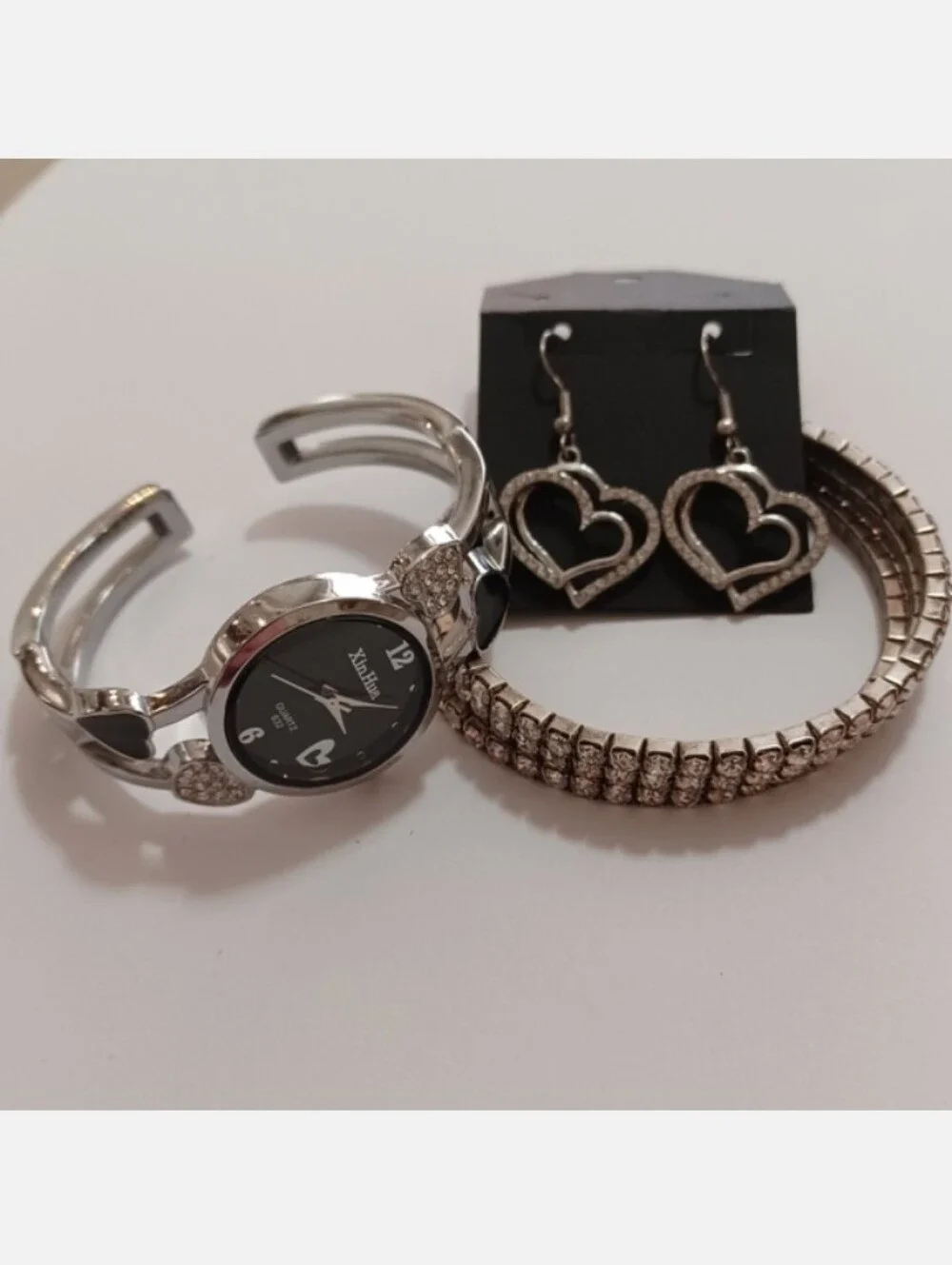 Bundle Of Silver Watch, Bracelet, Hearts Dangle Earrings 3 Piece Jewelry Set